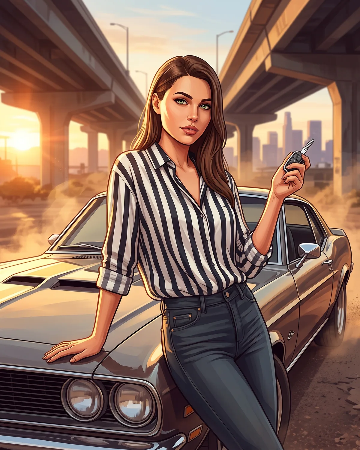 Cadre photo personnalisé au mur, avec le portrait dessiné d'une jeune femme appuyée sur une muscle car, clés à la main