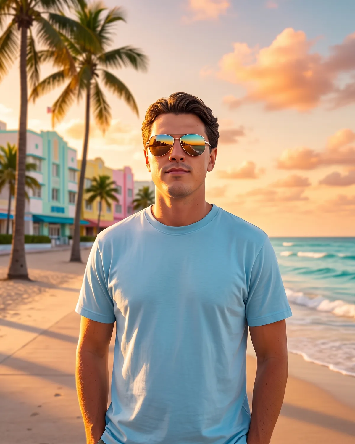 Le même jeune homme sur une plage de Floride au coucher du soleil, lunettes d'aviateur, devant des immeubles Art déco